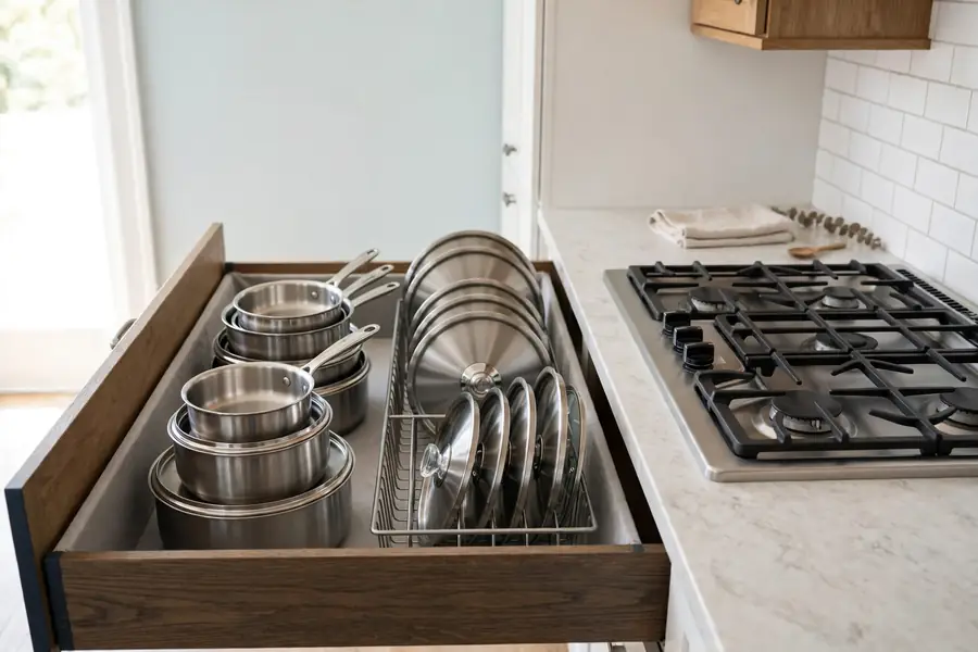 Open deep drawer beside a cooktop holding nested pots and lids upright in a rack