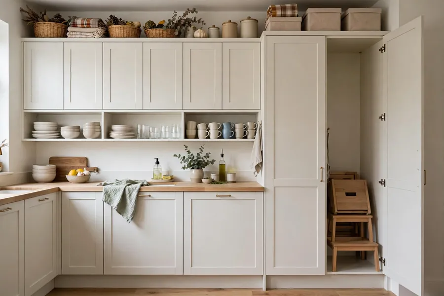 Small kitchen with wall cabinets to the ceiling, open shelves of dishes, and a step stool in a tall cabinet