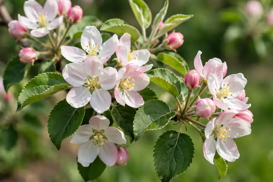 Cluster of white and pink apple blossoms with green leaves
