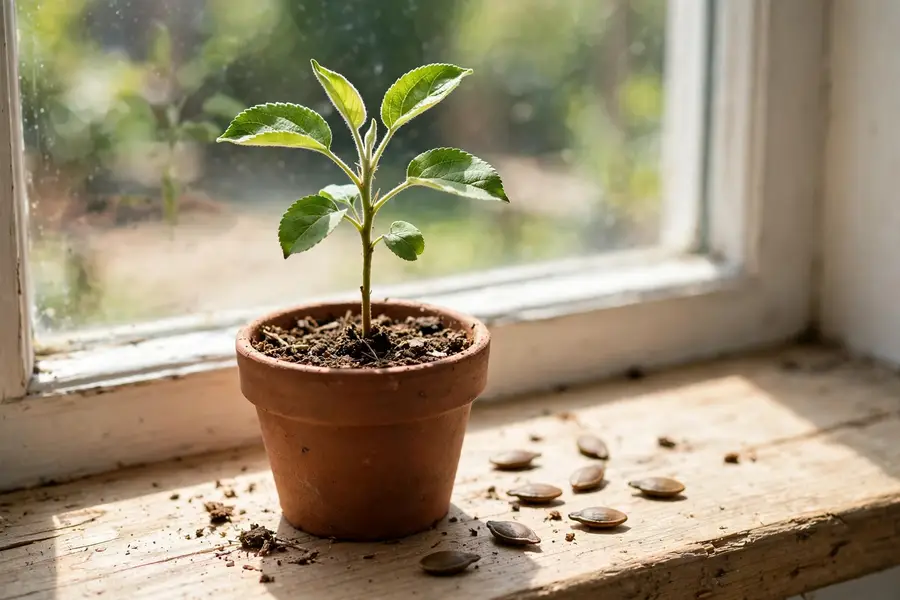 Small apple seedling in a pot with apple seeds beside it