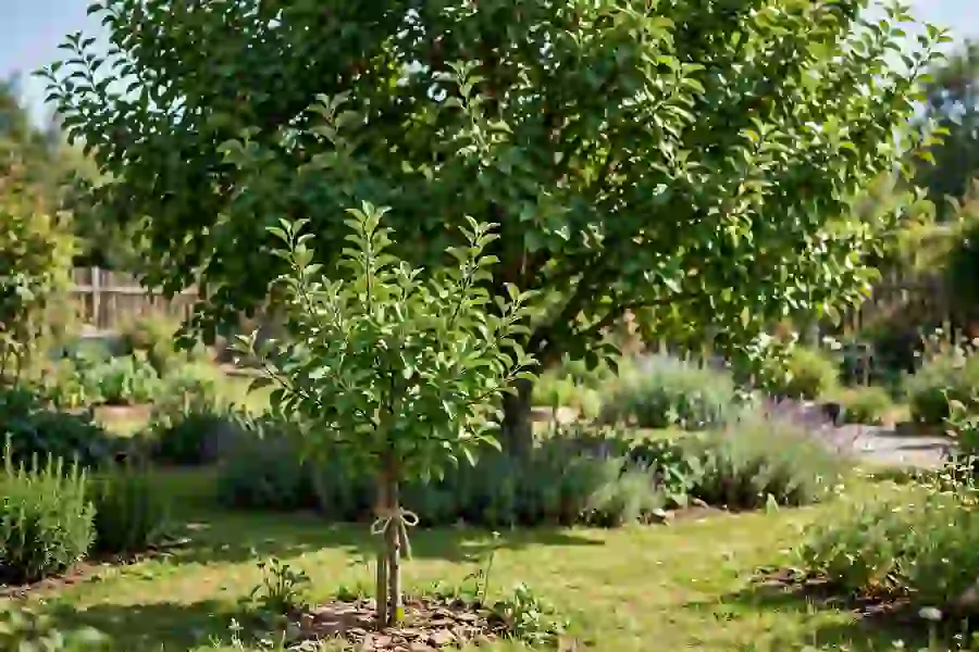 Small staked dwarf apple tree in front of a tall standard apple tree