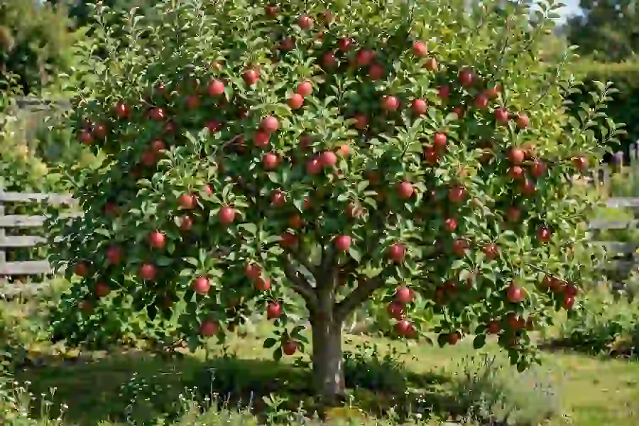 Apple tree loaded with ripe red apples in a sunny garden
