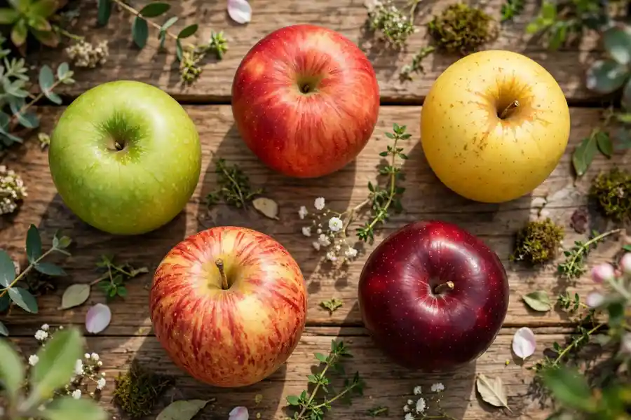 Assorted apples in green, red, yellow and dark red on a wooden table