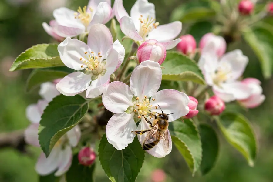 Honeybee collecting pollen on an apple blossom