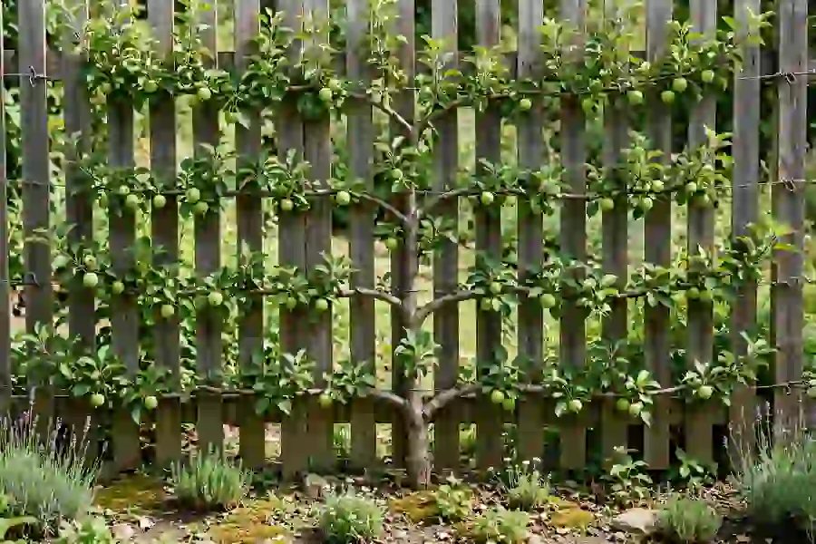 Espalier apple tree trained flat in tiers along wires on a fence