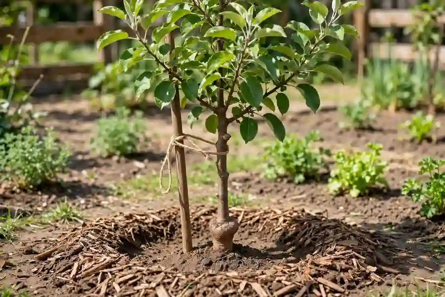 Newly planted apple tree with stake, mulch ring and graft union above the soil