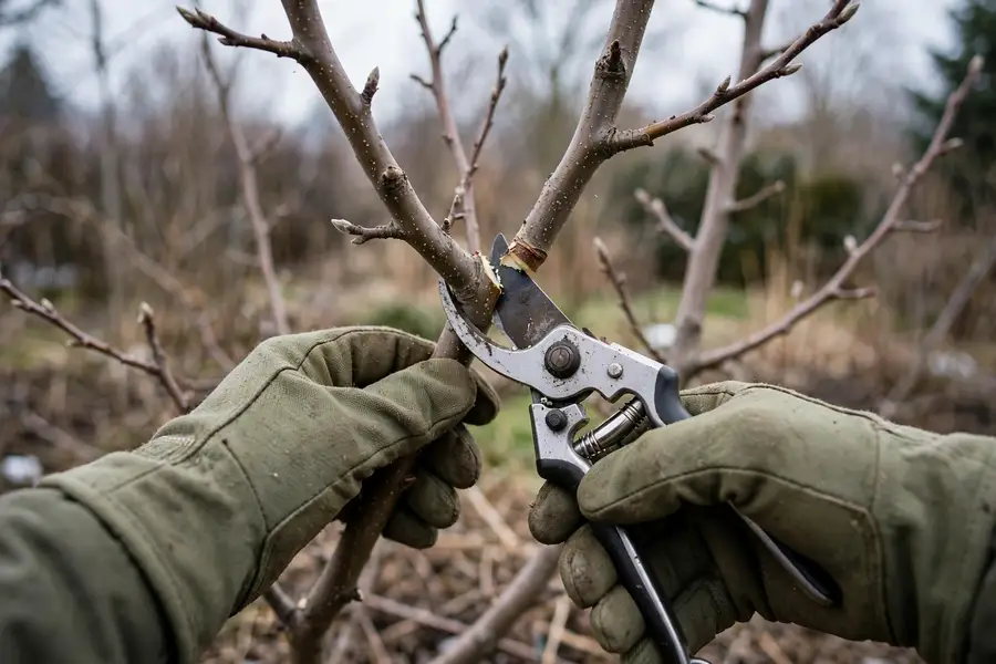 Gloved hands pruning a dormant apple tree branch in late winter
