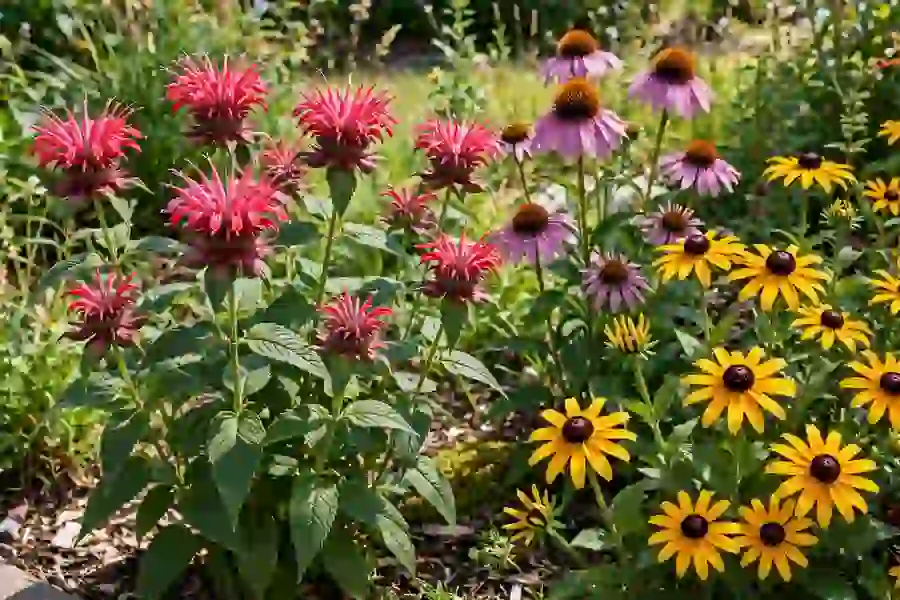 Bee balm blooming beside coneflowers and black-eyed Susans in a pollinator border