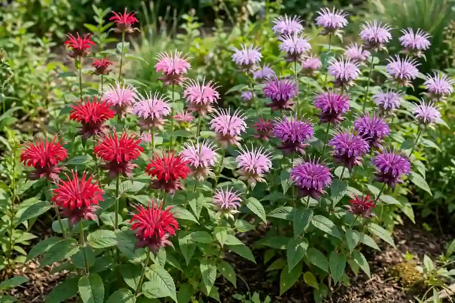 Bee balm in red, pink, purple and lavender growing together in a border