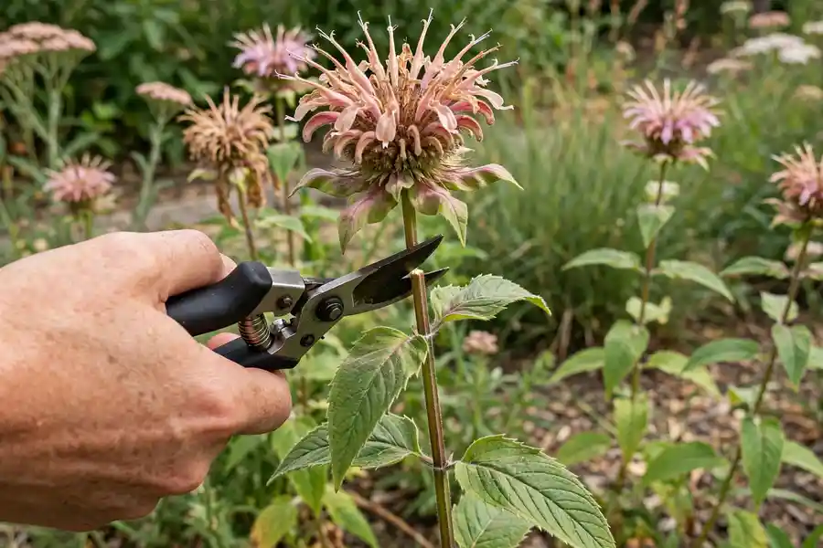 Hands snipping a faded bee balm flower head with pruners