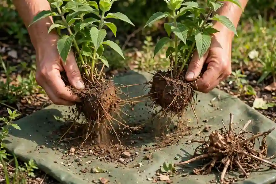 Dug-up bee balm clump being pulled apart into healthy outer divisions