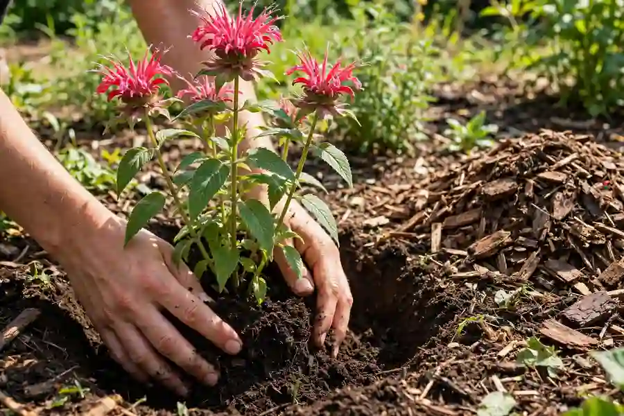Hands planting a bee balm plant in a sunny bed with enriched soil