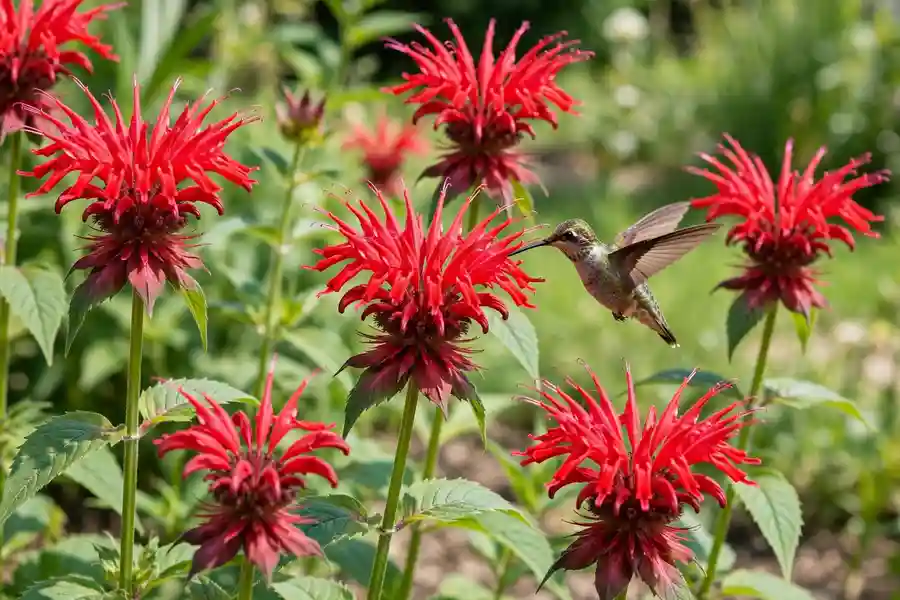 Scarlet red bee balm flowers in bloom with a hummingbird visiting