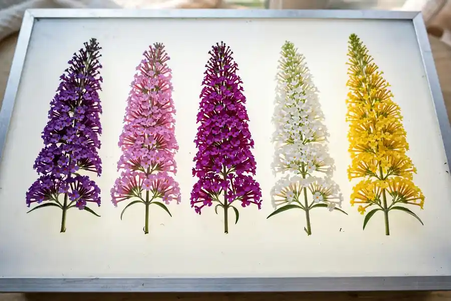 Cut butterfly bush flower spikes in purple, pink, magenta, white and yellow