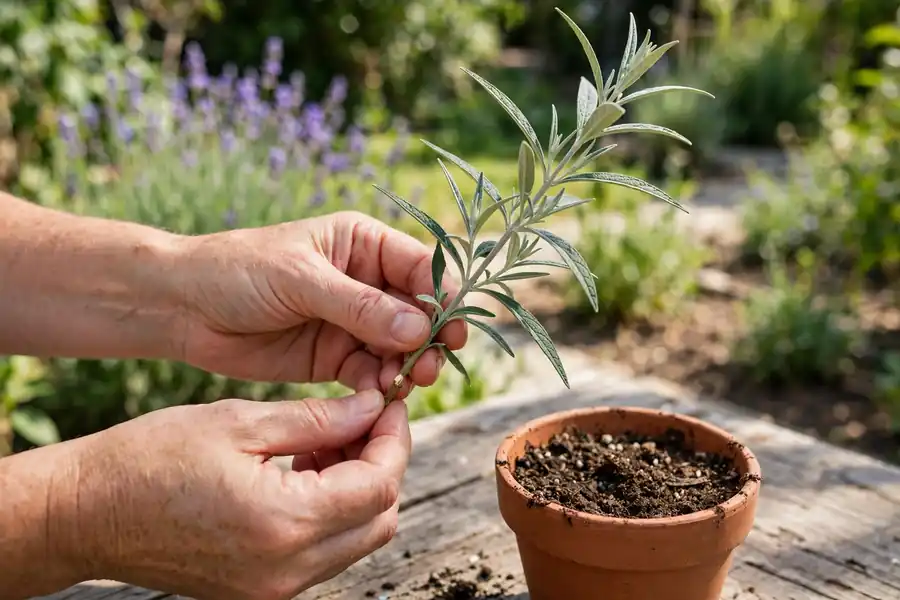 Hands holding a butterfly bush cutting with the lower leaves stripped