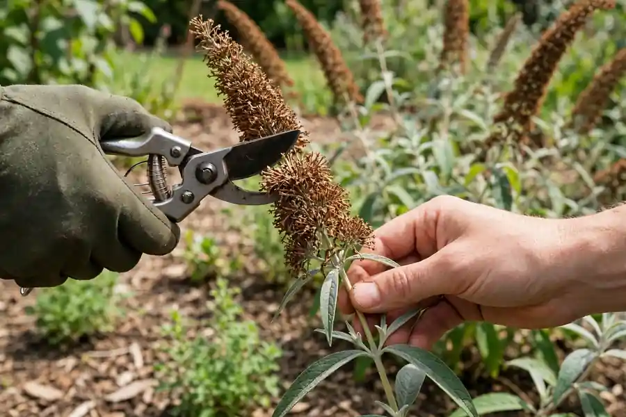 Hands pruning a faded butterfly bush flower spike back to a pair of leaves