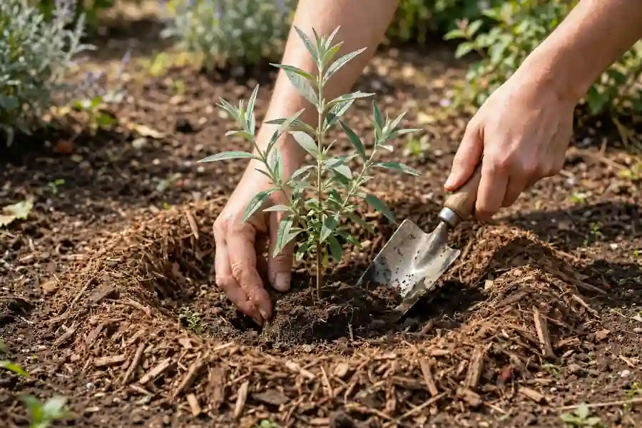 Young butterfly bush planted level with the soil in a sunny garden bed