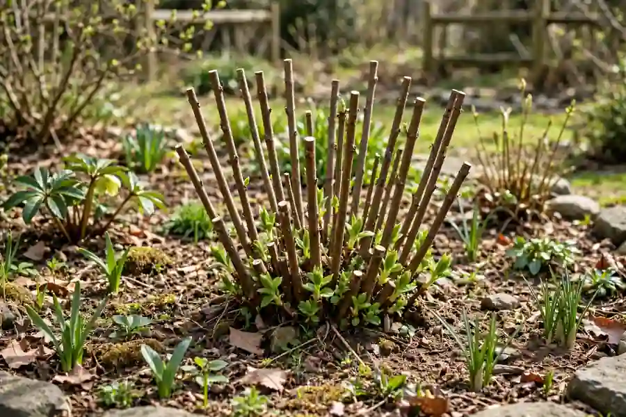 Butterfly bush cut back to short stems in early spring with new green buds