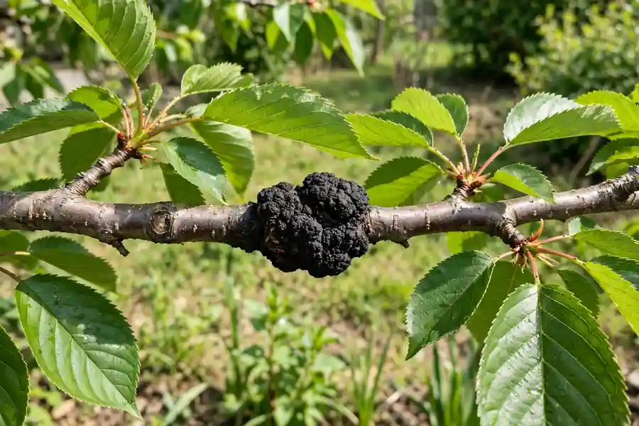Cherry branch with a rough black knot swelling
