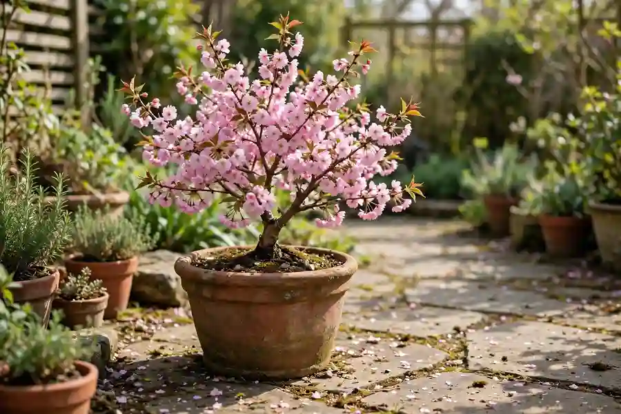 Small dwarf cherry blossom tree in bloom in a large pot on a patio