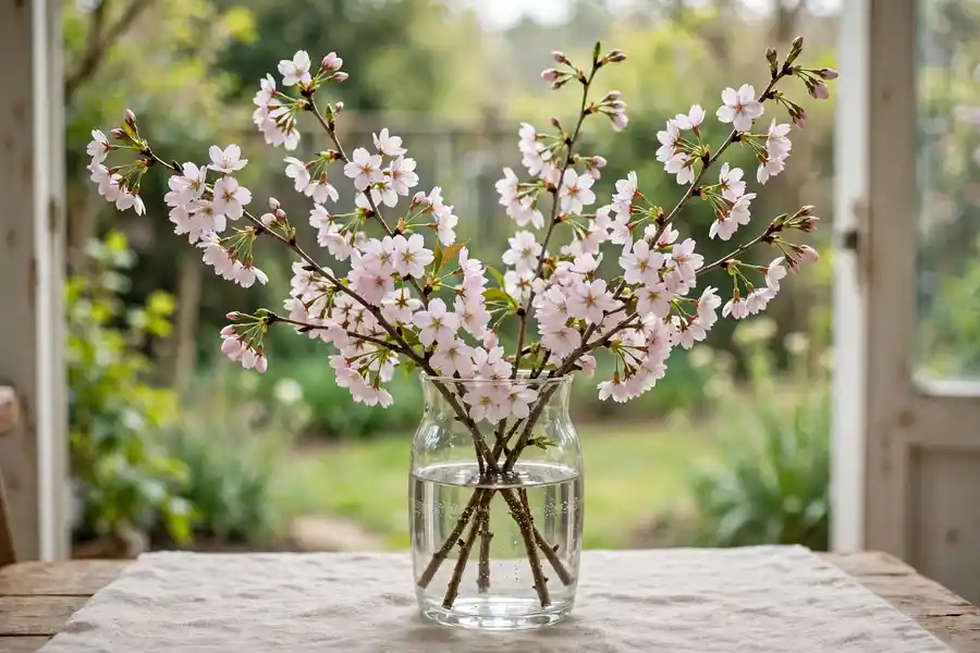 Cut cherry branches in bloom in a vase of water indoors