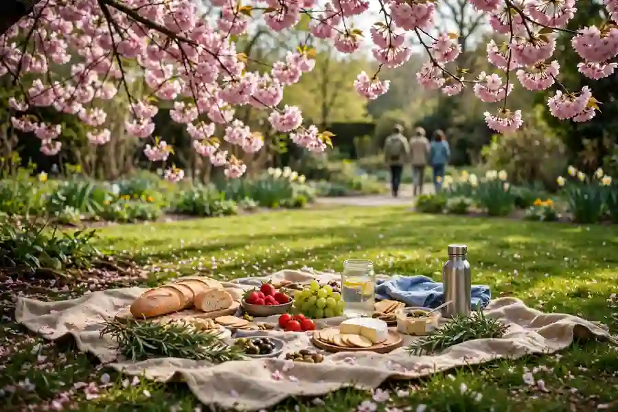 Picnic blanket spread under blooming cherry trees in spring