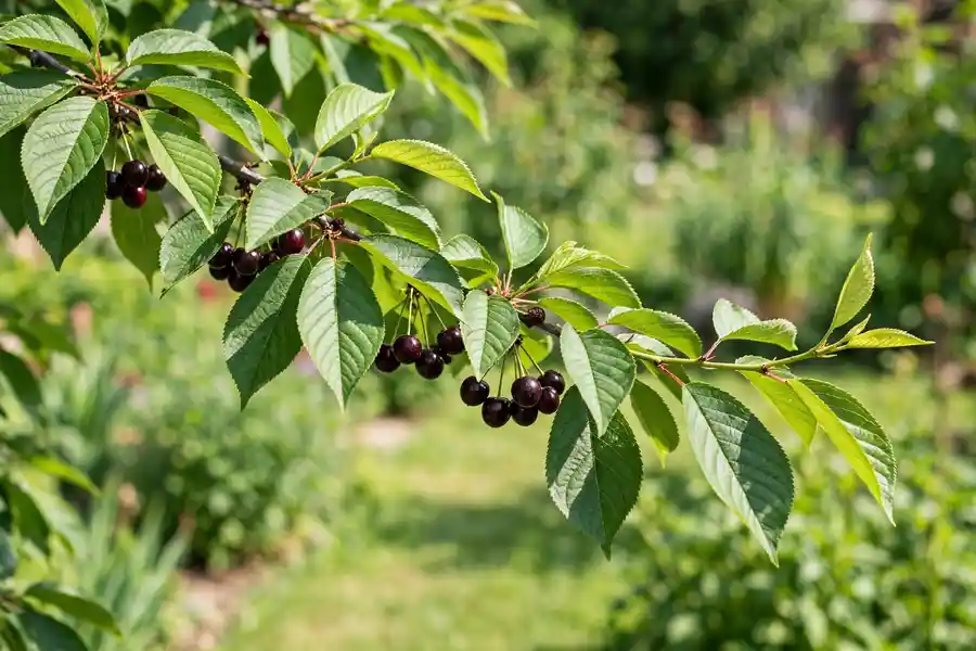 Ornamental cherry branch with small dark cherries and green leaves
