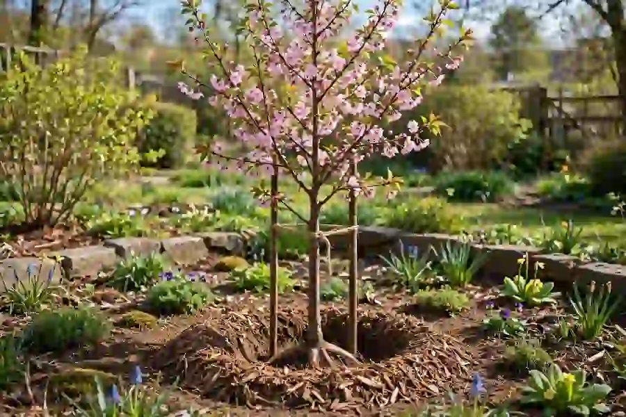 Young cherry blossom tree freshly planted with a mulch ring off the trunk