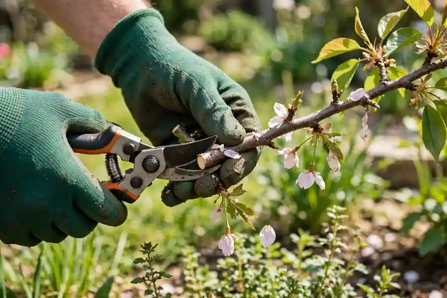 Gloved hands pruning a cherry branch just after the blossoms have fallen