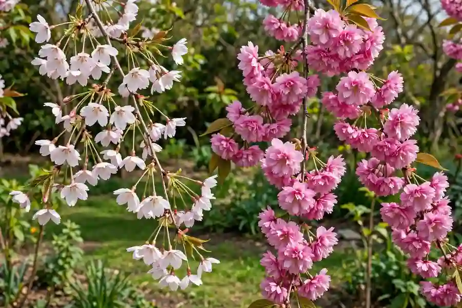 White-pink single Yoshino blossoms beside deep pink double Kwanzan blossoms