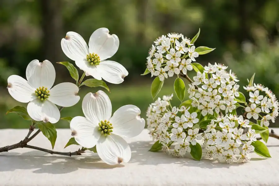 White dogwood bracts beside small white Bradford pear blossoms