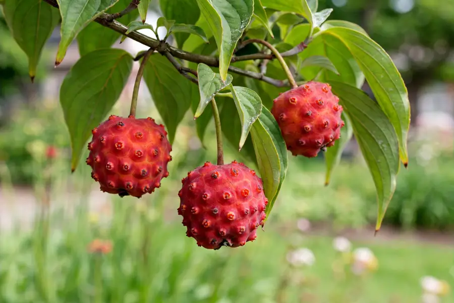 Ripe red raspberry-like kousa dogwood fruit hanging among green leaves