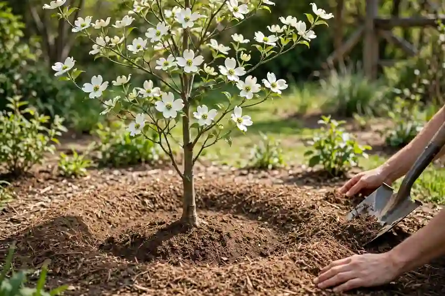 Young dogwood tree planted level with the soil and a wide mulch ring