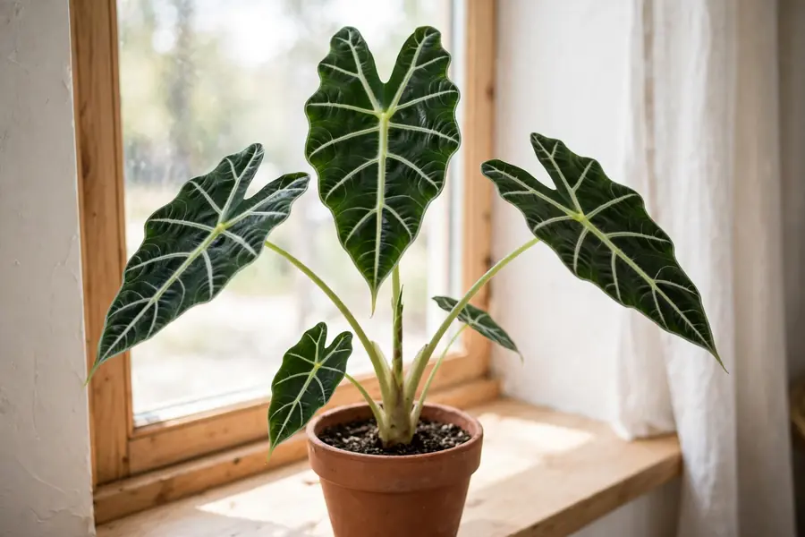 Alocasia Polly with dark green white-veined leaves in a pot near a window
