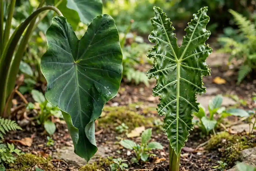 Hanging Colocasia leaf beside an upright ruffled Alocasia leaf
