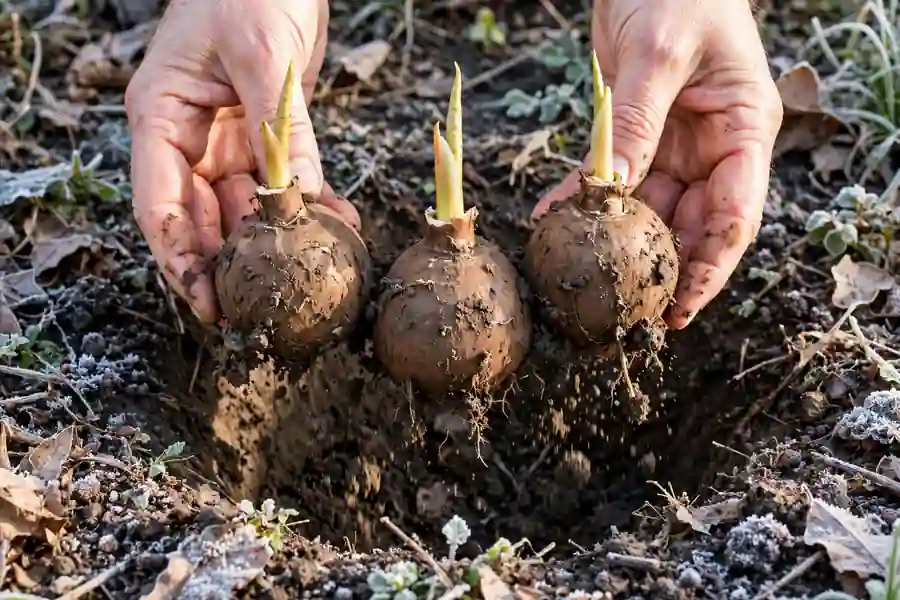 Hands lifting elephant ear tubers from the soil after frost