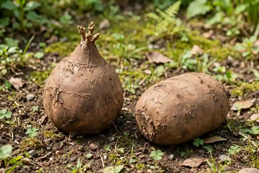 Elephant ear tubers on soil with the pointed bud side facing up