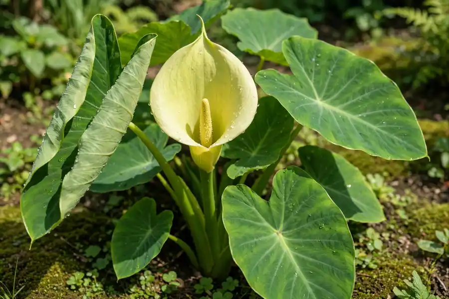 Pale yellow-green calla-like flower spathe on an elephant ear plant