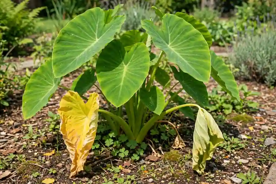 Elephant ear plant with a yellow lower leaf and a drooping leaf