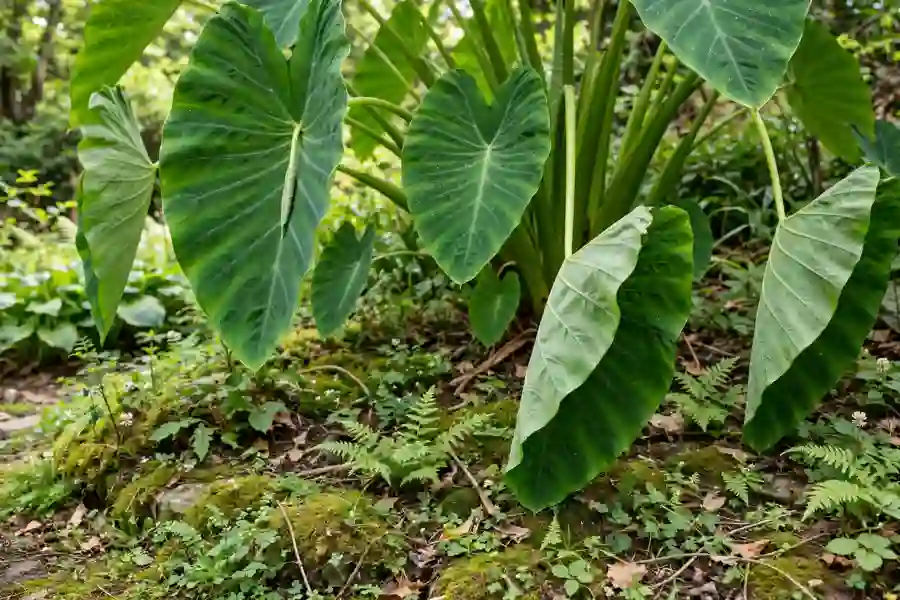 Large green Colocasia elephant ear leaves hanging down in a garden bed
