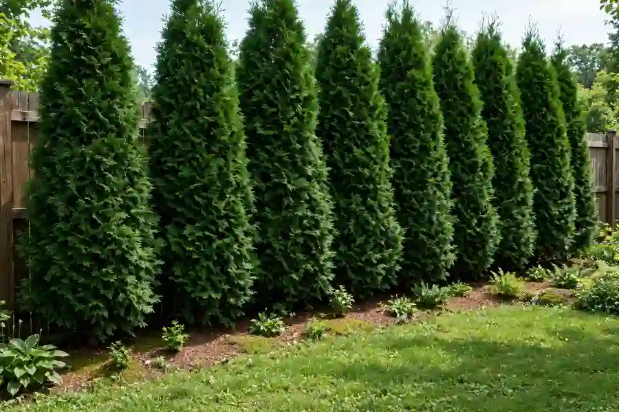 Young Green Giant arborvitae privacy screen along a backyard fence