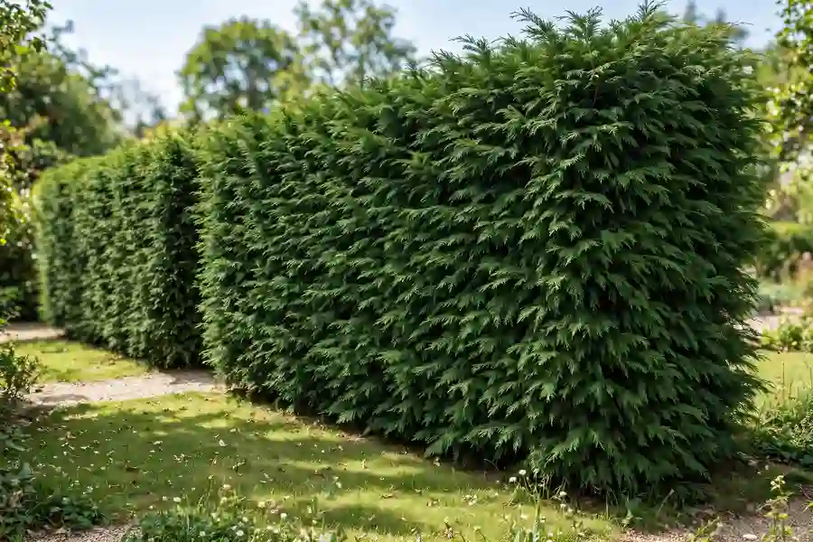 Tall Leyland cypress hedge with feathery flat sprays of foliage