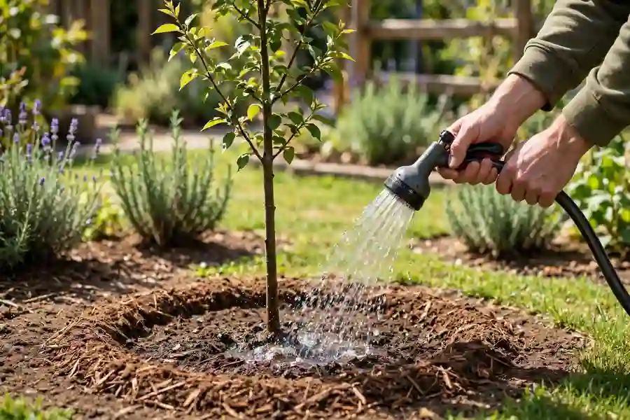 Young tree with a wide mulch ring kept clear of the trunk being watered