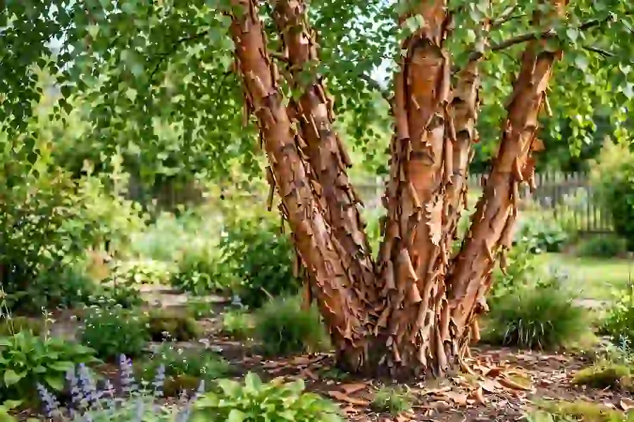 River birch with peeling cinnamon-colored bark in a garden
