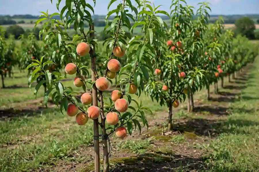 Young peach tree with ripening fruit in an orchard row