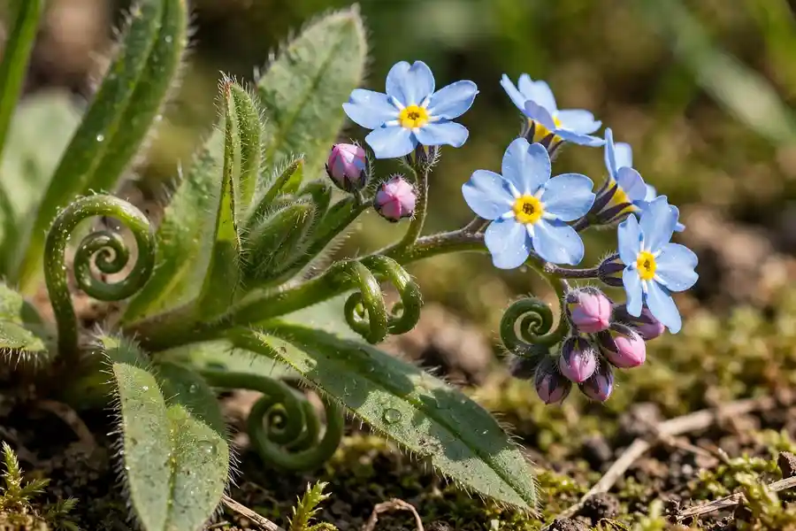 Close-up of forget me not flowers with yellow centers and pink buds turning blue