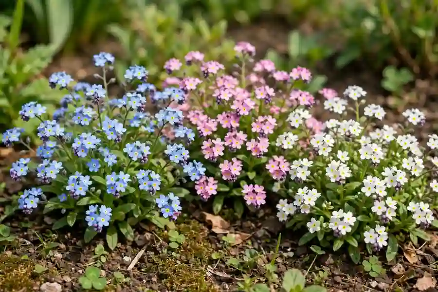 Blue, pink and white forget me nots growing side by side