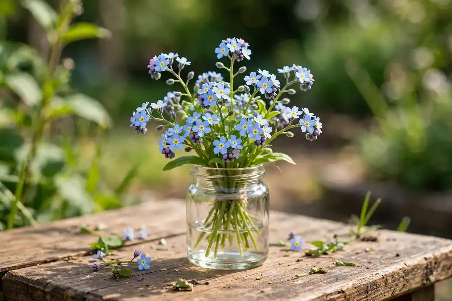 Small posy of blue forget me nots in a glass jar on a wooden table