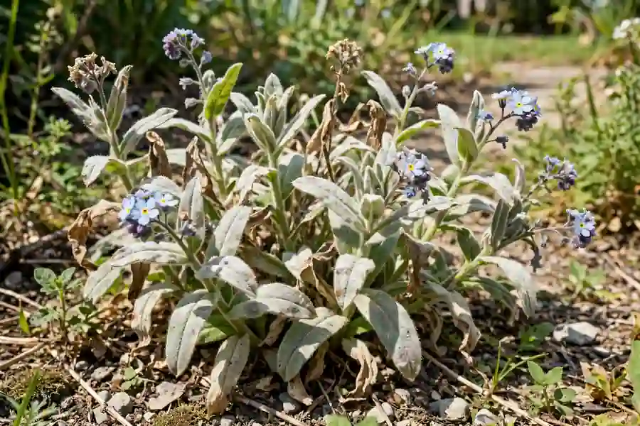 Forget me not leaves with a white powdery mildew coating
