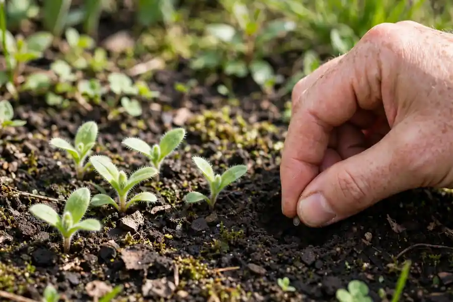 Tiny forget me not seedlings in moist soil beside a hand pressing in seed